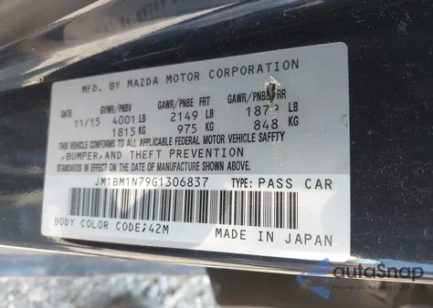 2016 Mazda 3 from USA, damaged, VIN JM1BM1N79G1306837